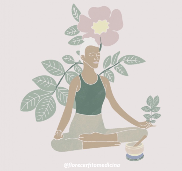 persona meditando, con un cuenco tibetano y sosteniendo una planta medicinal